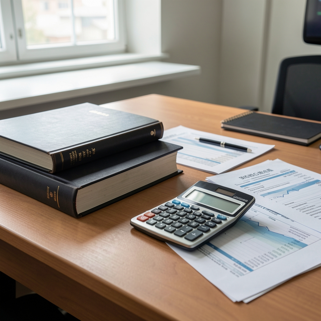 Libros contables, calculadora y documentos financieros ordenados sobre un escritorio de oficina con luz natural