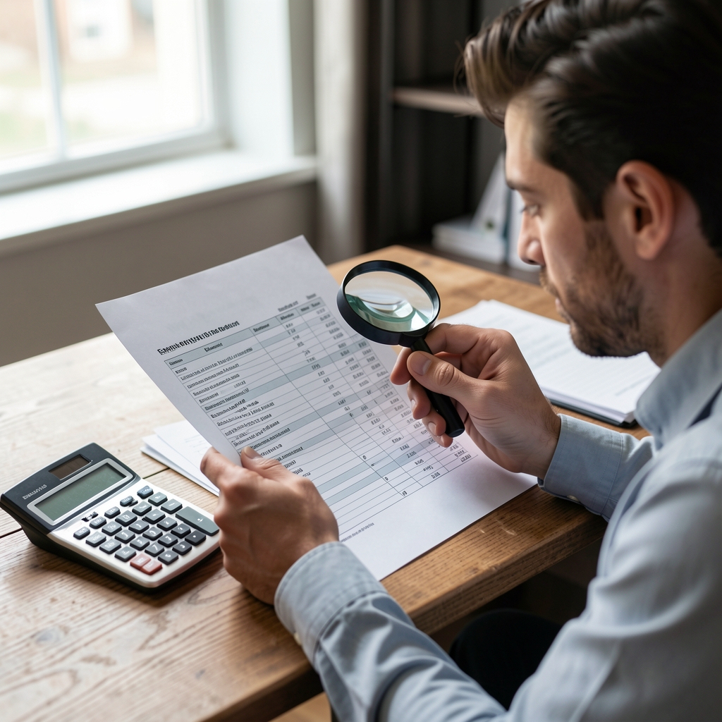 Persona revisando un balance general impreso con una lupa y una calculadora sobre el escritorio