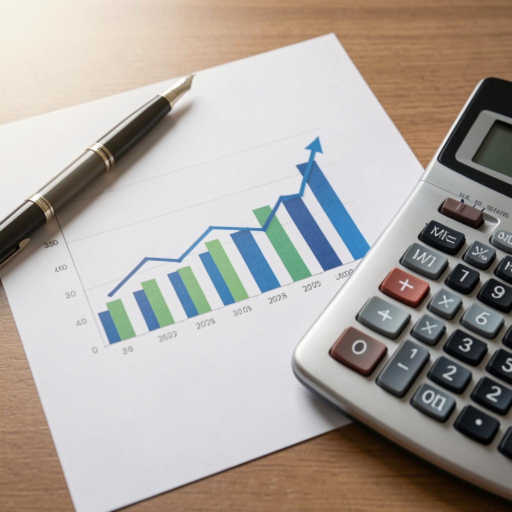 Primer plano de gráficos de crecimiento financiero impresos en papel junto a una pluma y una calculadora