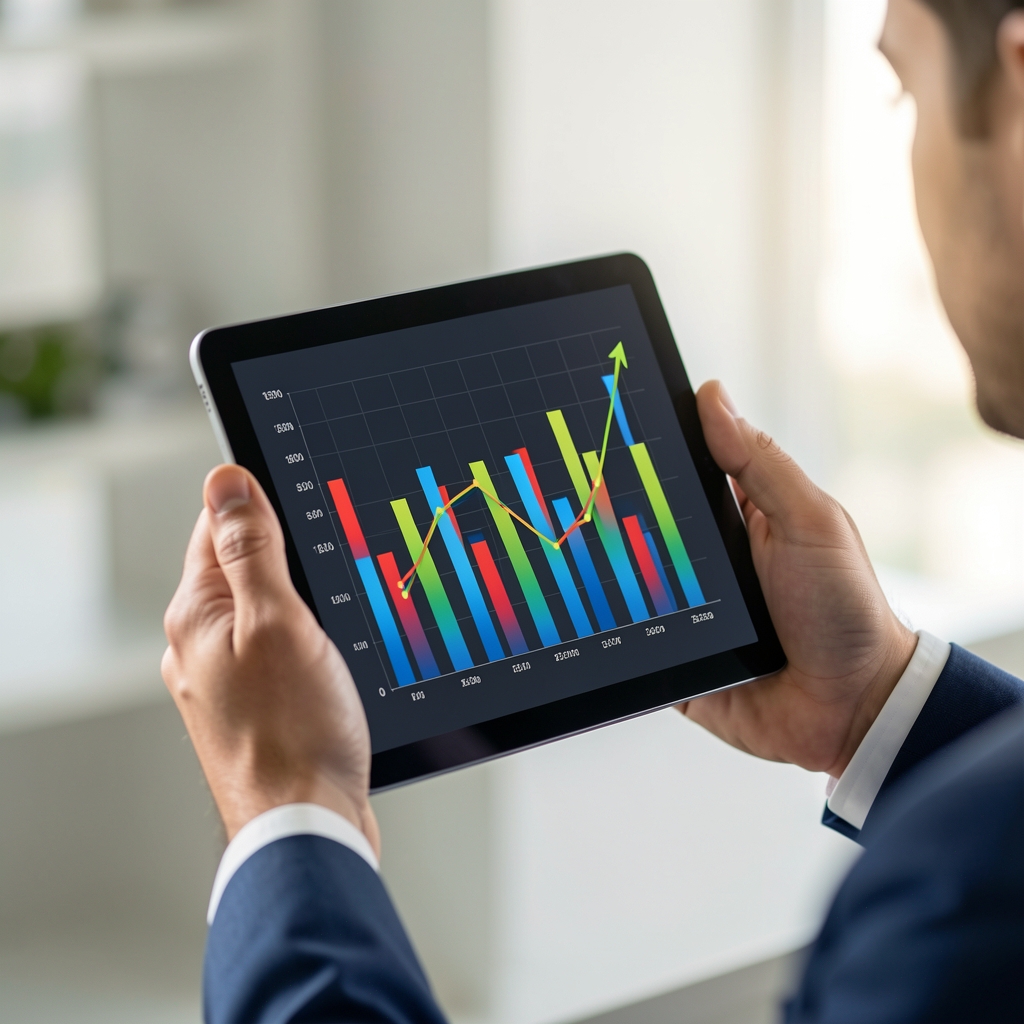 Manos sosteniendo una tableta digital mostrando gráficos de barras y líneas de rendimiento financiero