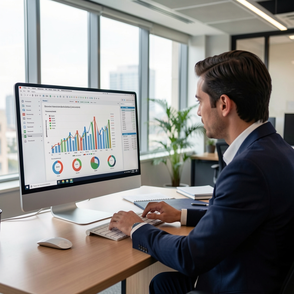 Analista financiero revisando gráficos de estados financieros en una pantalla de computadora en una oficina moderna