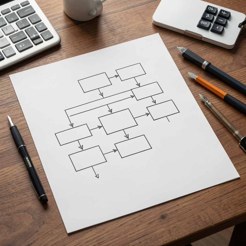Diagrama de flujo de trabajo dibujado a mano sobre una hoja de papel junto a herramientas de oficina