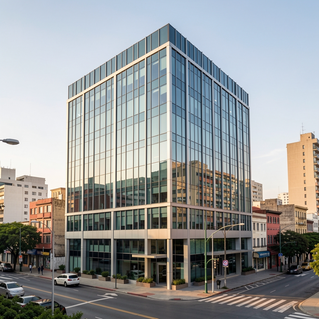 Vista exterior de un edificio de oficinas corporativas moderno en una ciudad de Argentina