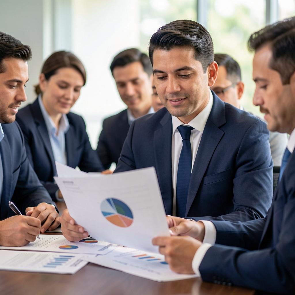 Equipo de contadores profesionales reunidos alrededor de una mesa de conferencias analizando informes financieros impresos