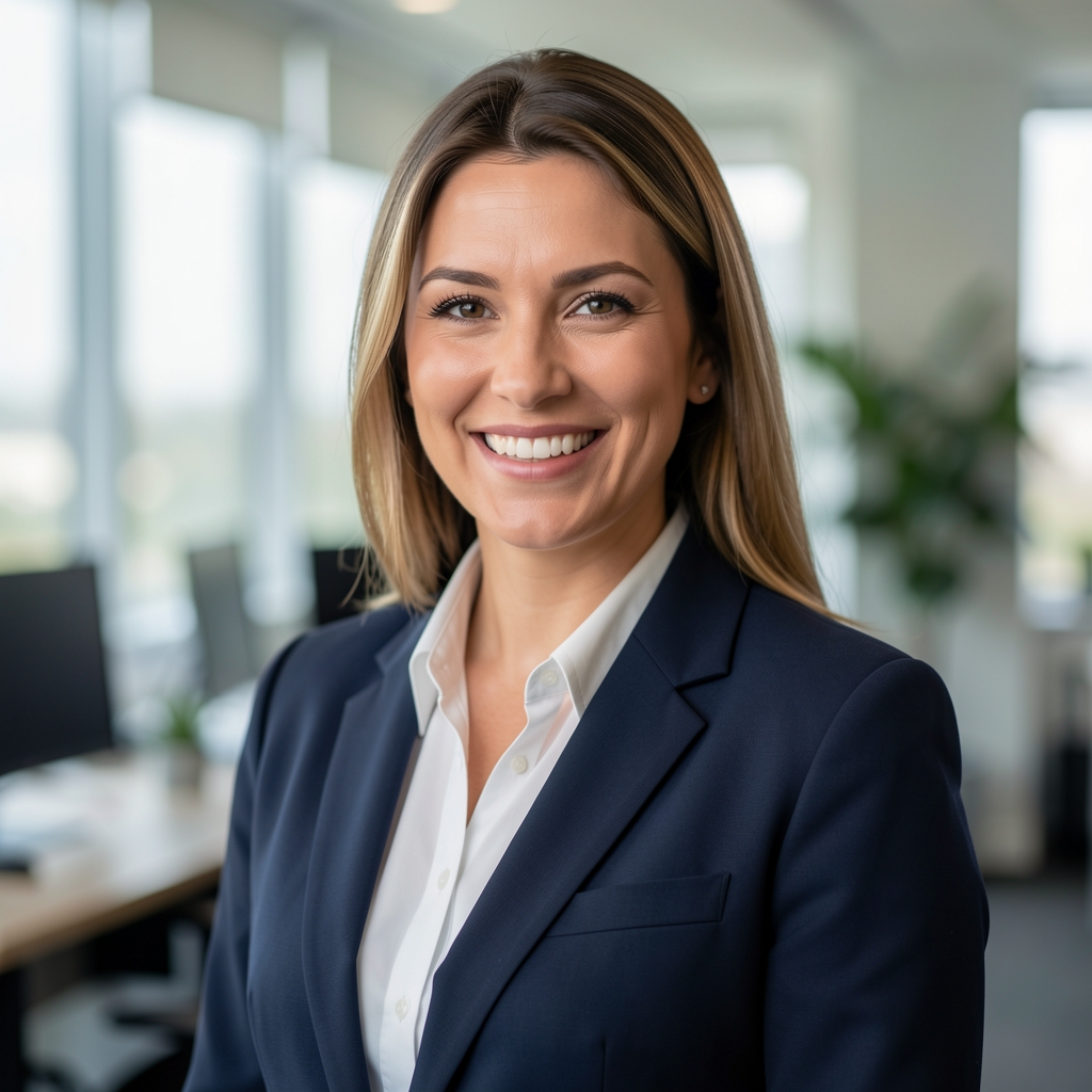 Retrato profesional de una analista financiera con traje formal sonriendo en una oficina