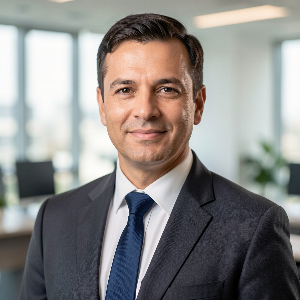 Retrato profesional de un contador público con camisa y corbata en un entorno de oficina