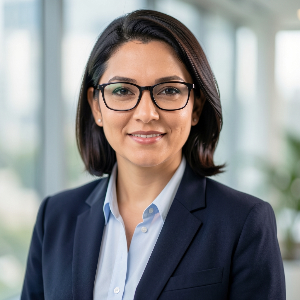 Retrato profesional de una especialista en auditoría financiera con lentes en un ambiente corporativo